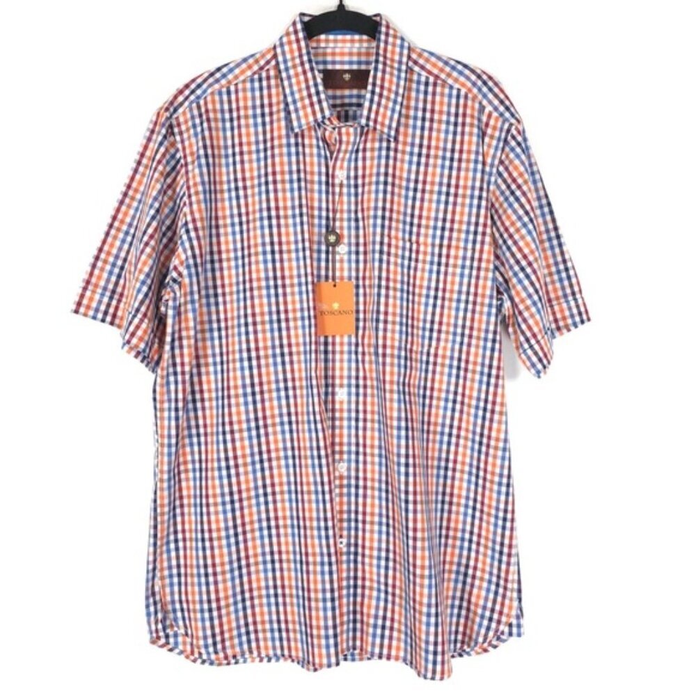 NWT TOSCANO PATRICK ASSARAF Men’s Mandarin Shirt Plaid Short Sleeve Cotton LARGE